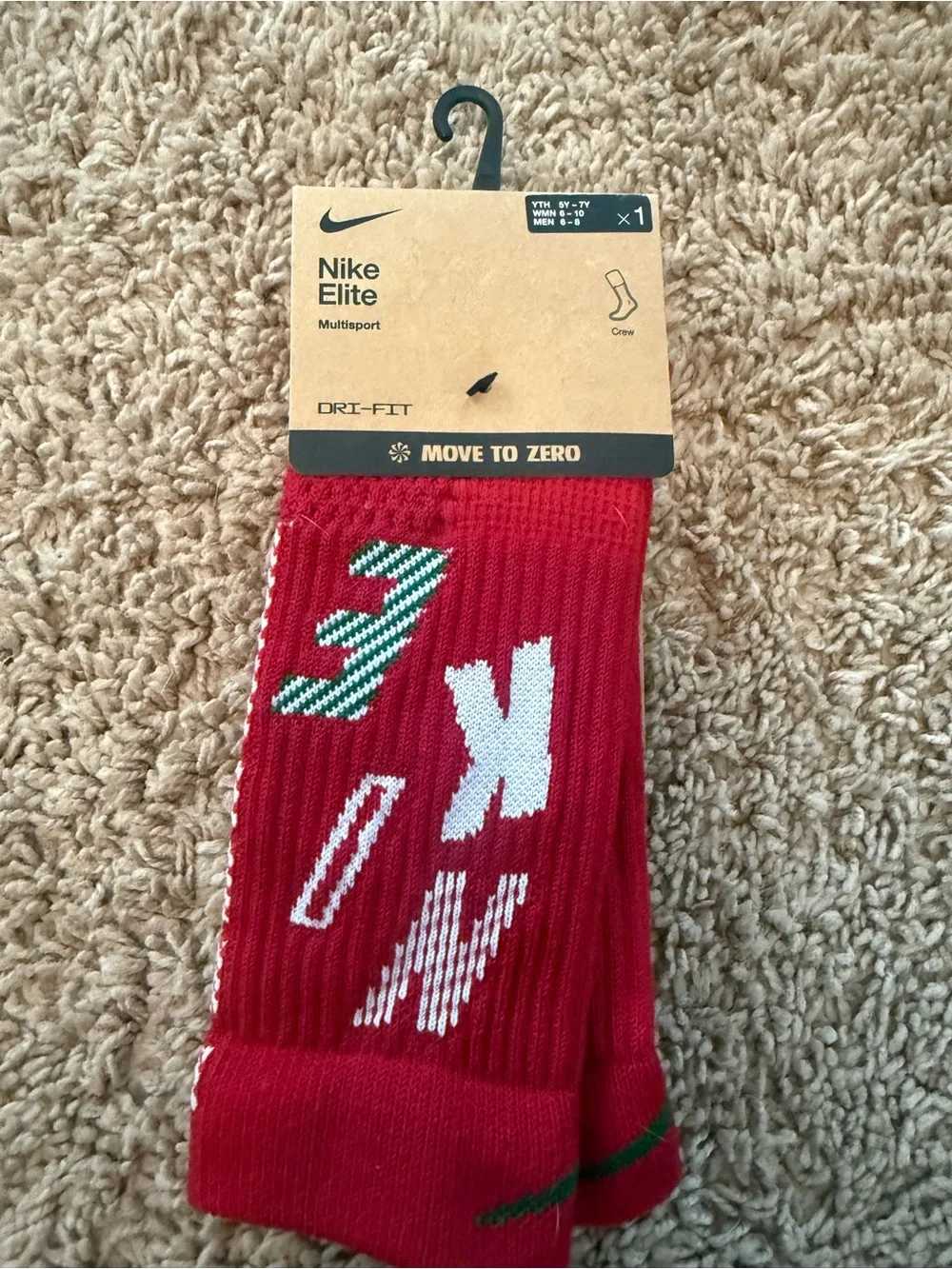Nike Kids Red Crew Socks with White and Green Accents